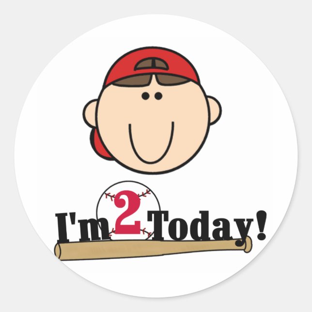 Brunette Boy Baseball 2nd Birthday Classic Round Sticker (Front)