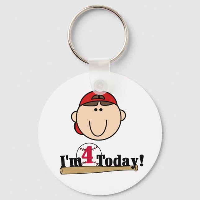 Brunette Boy Baseball 4th Birthday Keychain (Front)