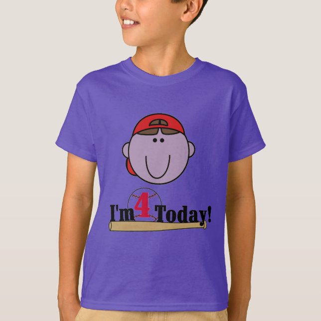 Brunette Boy Baseball 4th Birthday T-Shirt (Front)
