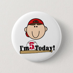 Brunette Boy Baseball 5th Birthday Button