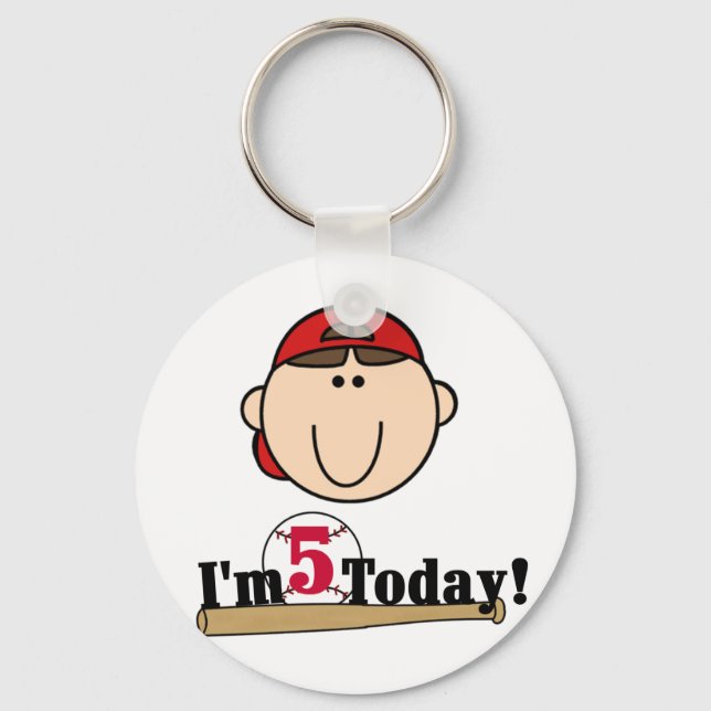 Brunette Boy Baseball 5th Birthday Keychain (Front)