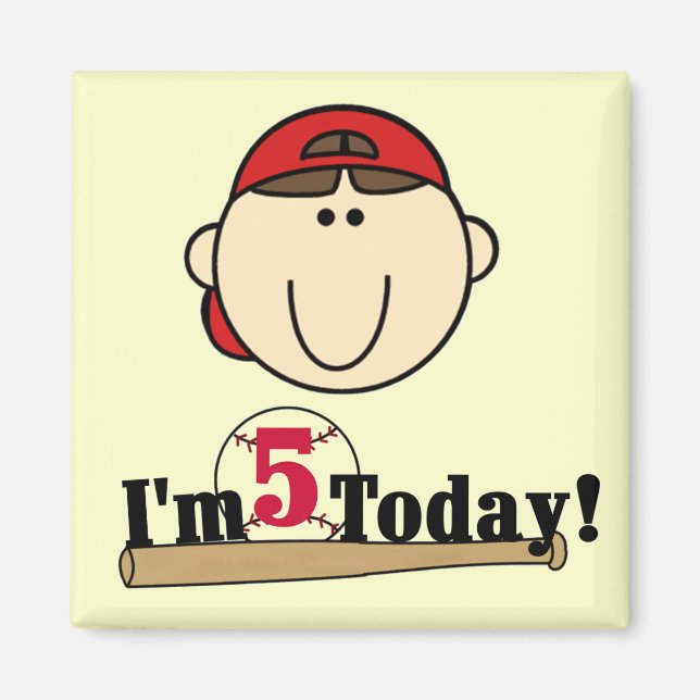 Brunette Boy Baseball 5th Birthday Magnet (Front)