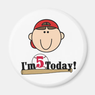Brunette Boy Baseball 5th Birthday Magnet