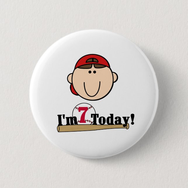 Brunette Boy Baseball 7th Birthday Pinback Button (Front)