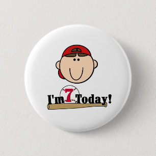 Brunette Boy Baseball 7th Birthday Pinback Button