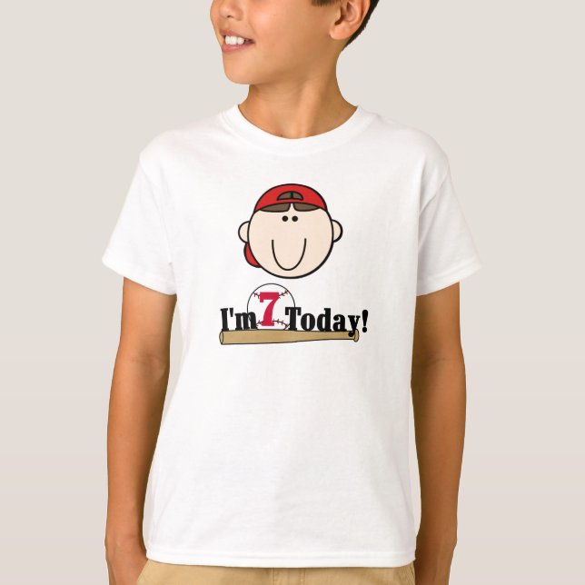 Brunette Boy Baseball 7th Birthday T-Shirt (Front)