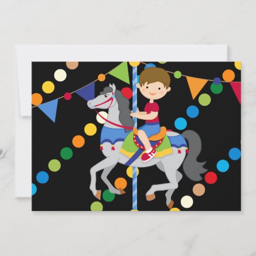 Brunette Boy Carousel Birthday 5x7 Invitation