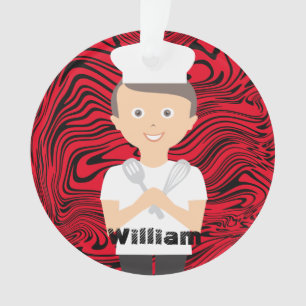 Brunette boy chef hat cooking baking personalized ornament