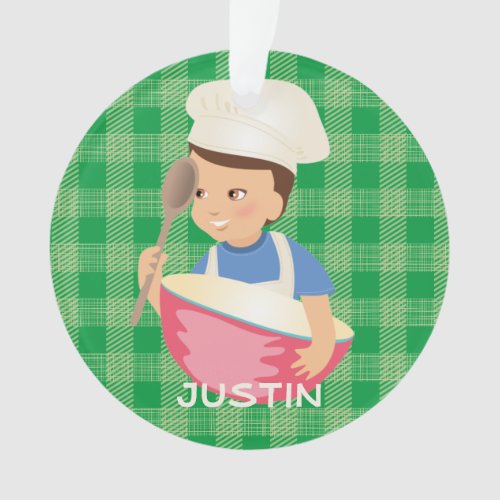 Brunette boy chef hat mixing bowl personalized ornament