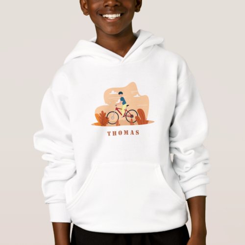 Brunette Boy Cycling Orange Fall Illustration Name Hoodie