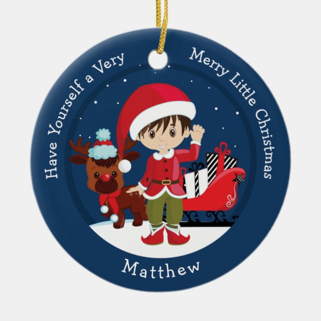 Brunette Boy Elf Ceramic Ornament (Front)