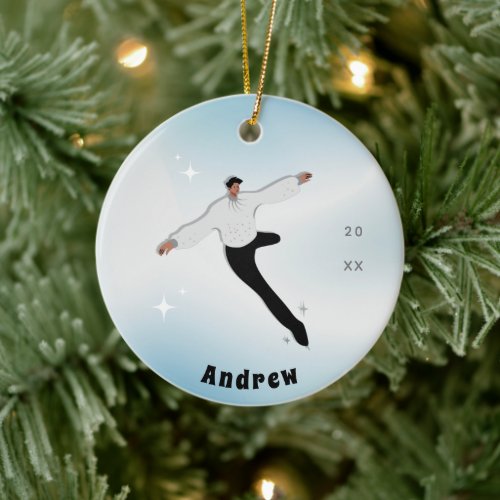 Brunette Boy Figure Ice Skating Kid Name  Year Ceramic Ornament