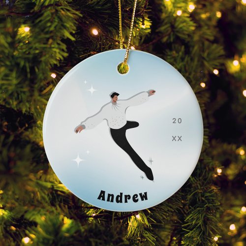 Brunette Boy Figure Ice Skating Kid Name &amp; Year Ceramic Ornament