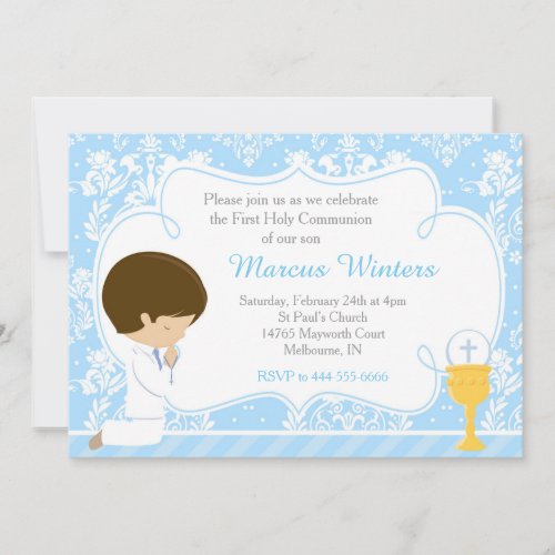 Brunette Boy First Communion Damask Invitation