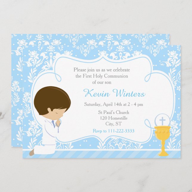Brunette Boy First Communion Damask Invitation (Front/Back)