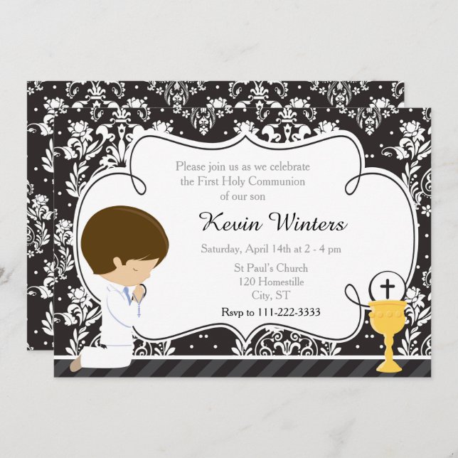 Brunette Boy First Communion Damask Invitation (Front/Back)