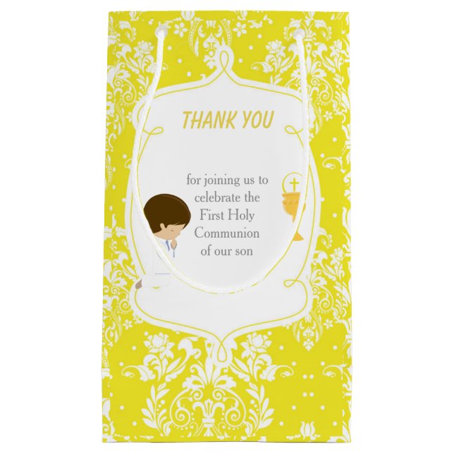 Brunette Boy First Communion Damask Small Gift Bag (Front)