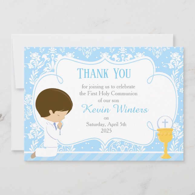 Brunette Boy First Communion Damask Thank You Card (Front)