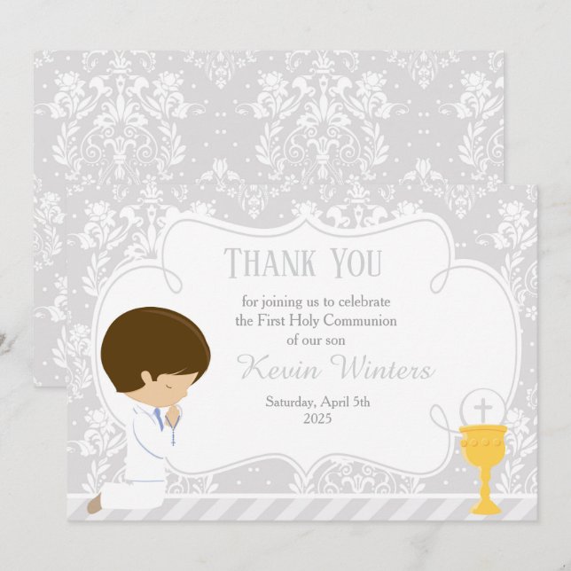 Brunette boy First Communion Damask Thank You Card (Front/Back)