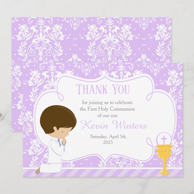 Brunette boy First Communion Damask Thank You Card (Front/Back)