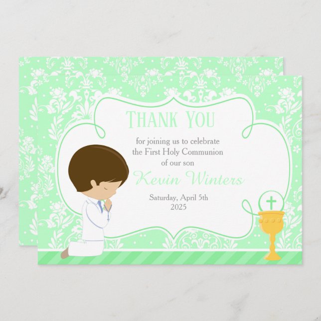 Brunette boy First Communion Damask Thank You Card (Front/Back)