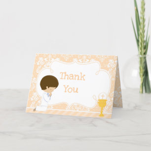 Brunette Boy First Communion Damask  'Thank You' Letterpress Thank You Card