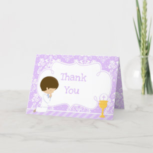 Brunette Boy First Communion Damask  'Thank You' Letterpress Thank You Card