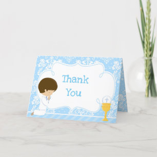 Brunette Boy First Communion Damask  'Thank You' Letterpress Thank You Card