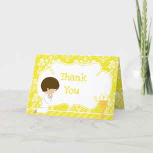 Brunette Boy First Communion Damask  'Thank You' Letterpress Thank You Card