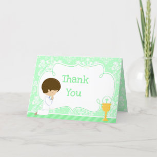 Brunette Boy First Communion Damask  'Thank You' Letterpress Thank You Card