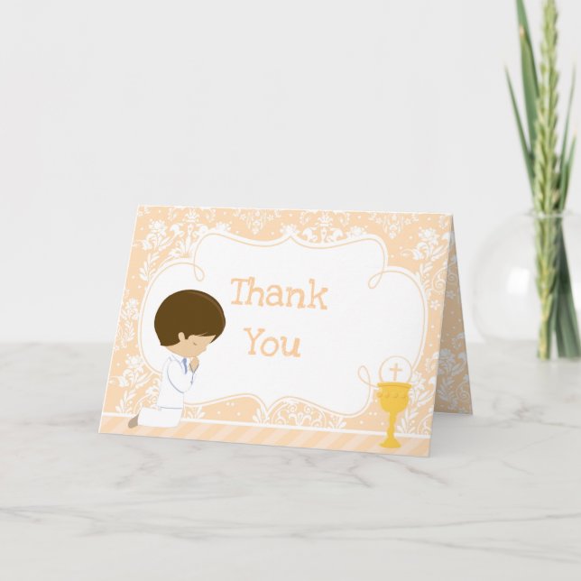 Brunette Boy First Communion Damask  'Thank You' Thank You Card (Front)