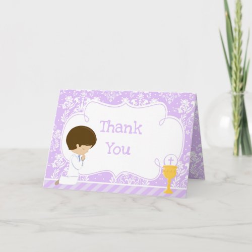 Brunette Boy First Communion Damask  'Thank You'