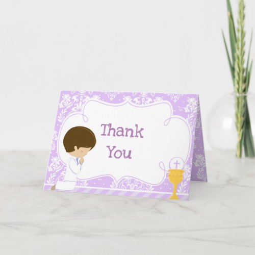 Brunette Boy First Communion Damask  Thank You Thank You Card