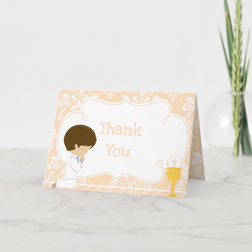 Brunette Boy First Communion Damask  Thank You Thank You Card