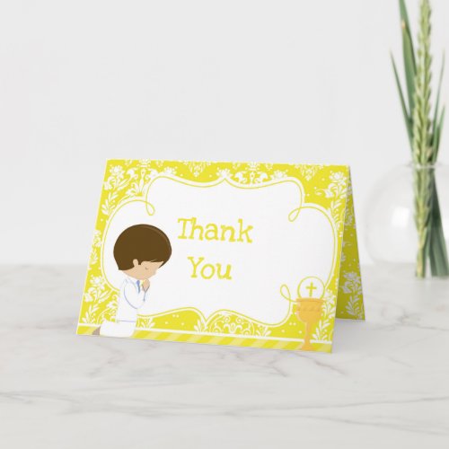 Brunette Boy First Communion Damask  Thank You Thank You Card