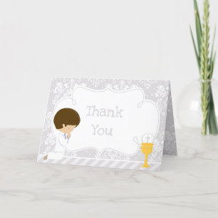 Brunette Boy First Communion  'Thank You' Letterpress Thank You Card