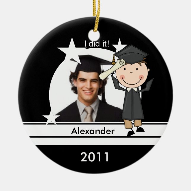 Brunette Boy Graduate Customized Photo Keepsake Ceramic Ornament (Front)