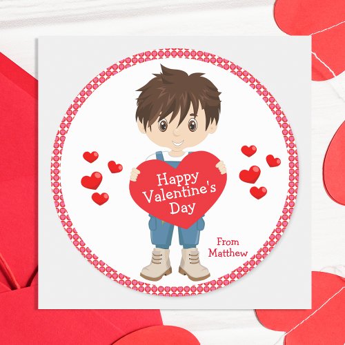 Brunette Boy Happy Valentines Day Classic Round Sticker