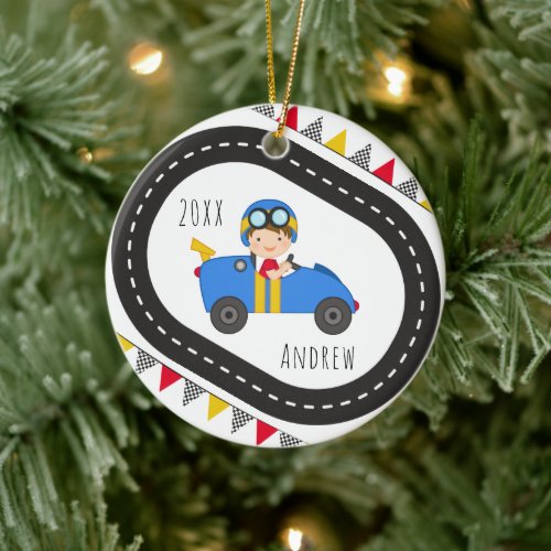 Brunette Boy Kid Racing Blue Car  Flags Name Year Ceramic Ornament