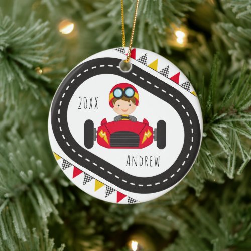 Brunette Boy Kid Racing Red Car  Flags Name Year Ceramic Ornament