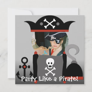 Brunette Boy Party Like a Pirate Birthday Invites