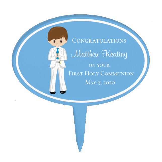 Brunette Boy Personalized First Holy Communion Cake Topper (Front)
