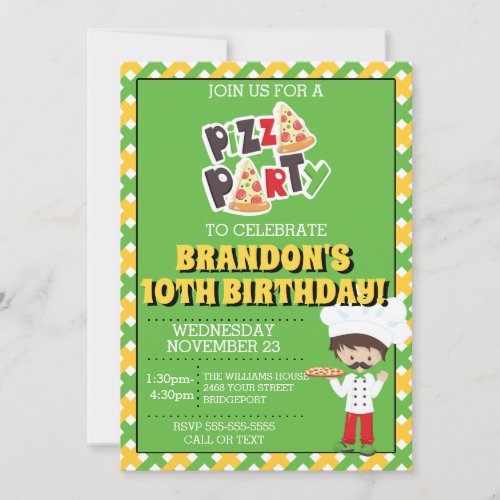 Brunette Boy Pizza Party Birthday Invitation
