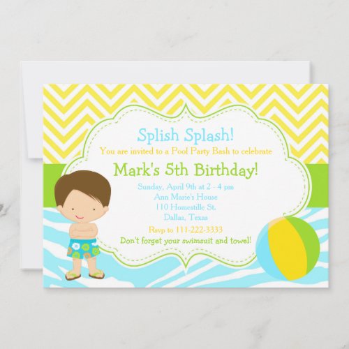 Brunette Boy Pool Party Bash Party Invitation