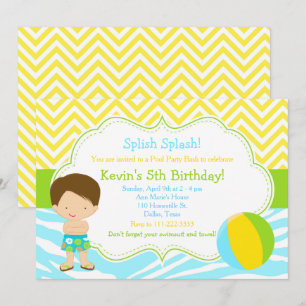 Brunette Boy Pool Party Bash Party Invitation