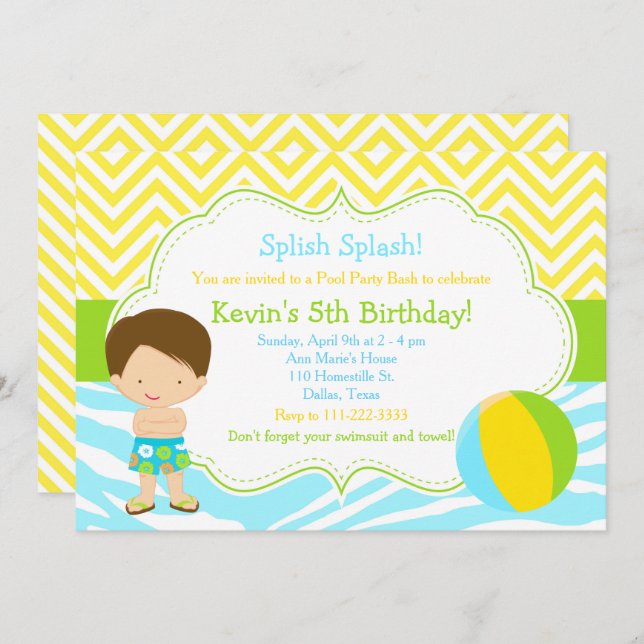 Brunette Boy Pool Party Bash Party Invitation (Front/Back)