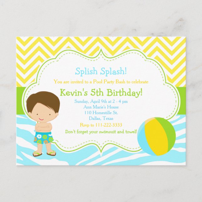 Brunette Boy Pool Party Bash Party Postcard (Front)