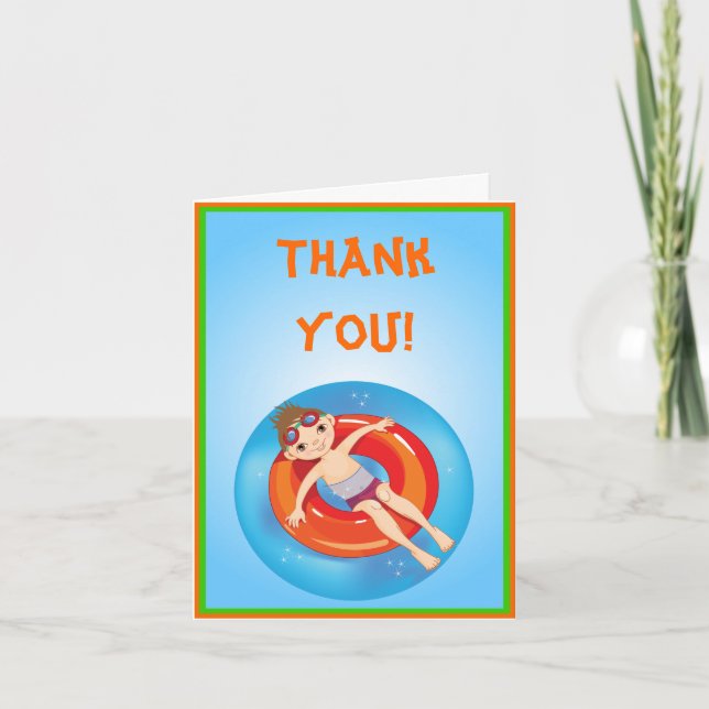 Brunette Boy Pool Party Thank You Note Card (Front)