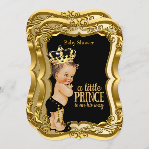 Brunette Boy Prince Baby Shower Black Gold Invitation