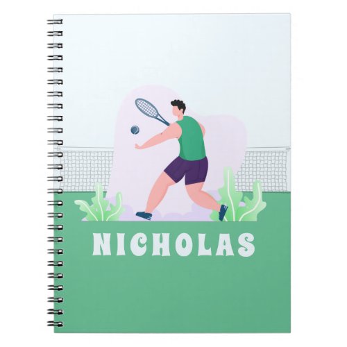 Brunette Boy Tennis Player Illustration Grass Name Notebook